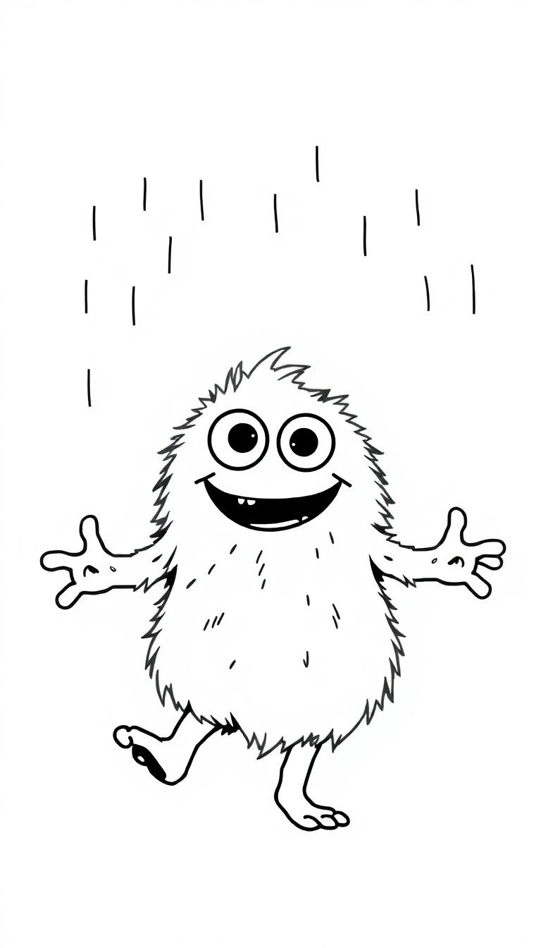 Farbtafel eines süßen, flauschigen Monsters mit großen Glubschaugen, das fröhlich tanzt, während Regen in einer minimalistischen Schwarz-Weiß-Farbtafel fällt.
