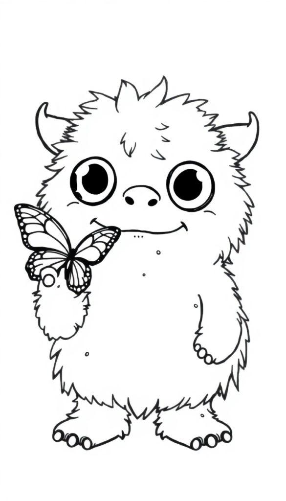 Ein buntes, cartoonartiges Monster mit flauschigem Fell, großen Glubschaugen und kleinen Hörnern, hält eine Farbtafel und ein ausgestrecktes Schmetterlingsflügelbild in der Hand.