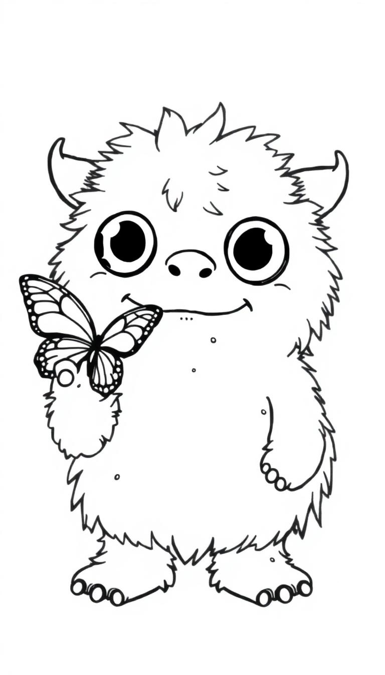 Ein buntes, cartoonartiges Monster mit flauschigem Fell, großen Glubschaugen und kleinen Hörnern, hält eine Farbtafel und ein ausgestrecktes Schmetterlingsflügelbild in der Hand.