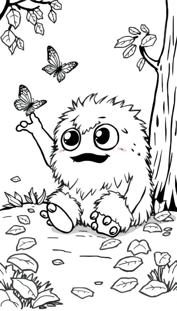 Farbtafel eines süßen, flauschigen Monsters mit großen Glubschaugen, das unter einem Baum sitzt und einen Schmetterling berührt.