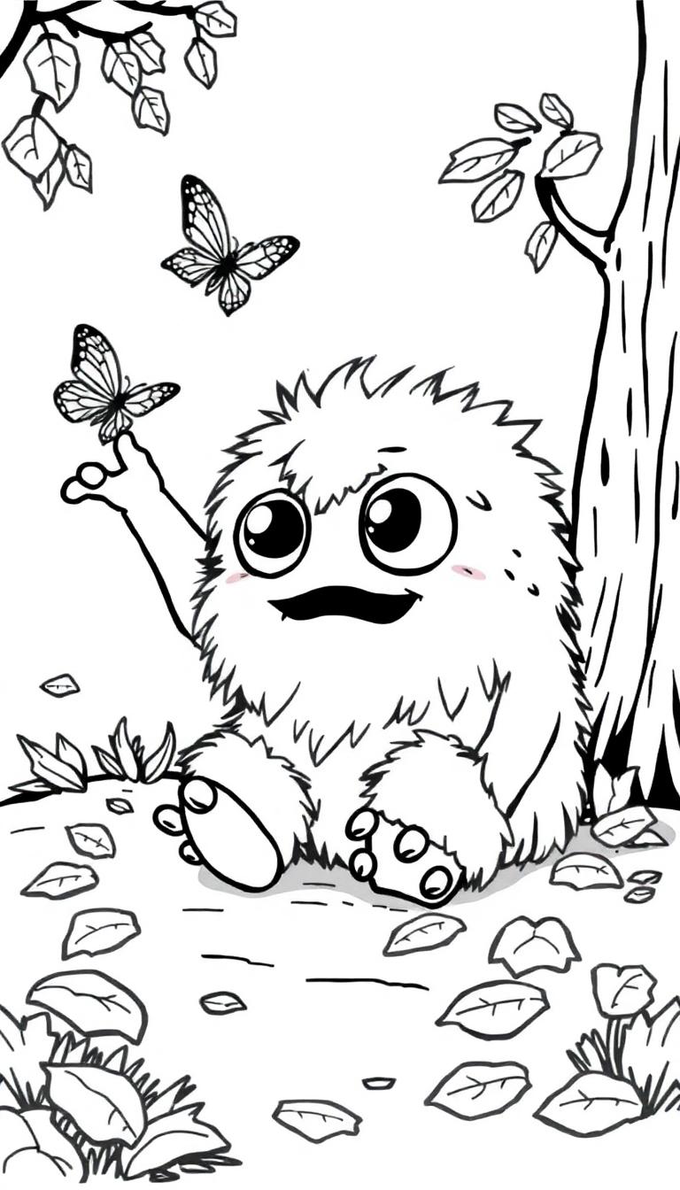 Farbtafel eines süßen, flauschigen Monsters mit großen Glubschaugen, das unter einem Baum sitzt und einen Schmetterling berührt.