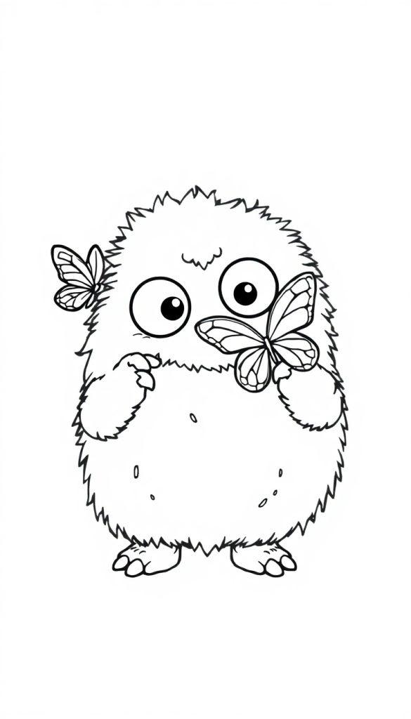 Eine niedliche, flauschige Farbtafel mit einem runden Monster, großen Augen und neugierigem Blick, das einen Schmetterling in der Hand hält, während ein weiterer Schmetterling auf seinem Kopf sitzt.