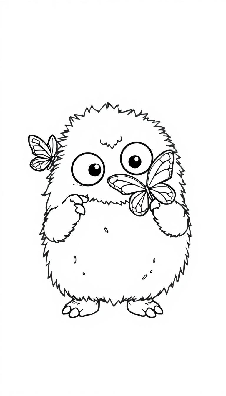 Eine niedliche, flauschige Farbtafel mit einem runden Monster, großen Augen und neugierigem Blick, das einen Schmetterling in der Hand hält, während ein weiterer Schmetterling auf seinem Kopf sitzt.