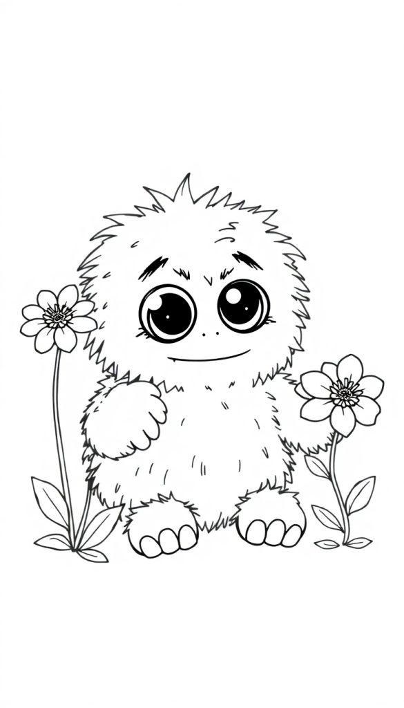 Farbtafel eines süßen, flauschigen Monsters mit großen Glubschaugen, das in jeder Hand eine Blume mit langen Stielen und großen Blüten hält, alles in klaren schwarzen Linien auf weißem Hintergrund.