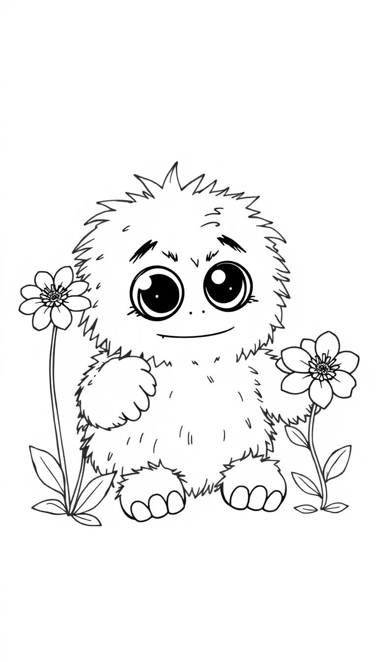 Farbtafel eines süßen, flauschigen Monsters mit großen Glubschaugen, das in jeder Hand eine Blume mit langen Stielen und großen Blüten hält, alles in klaren schwarzen Linien auf weißem Hintergrund.