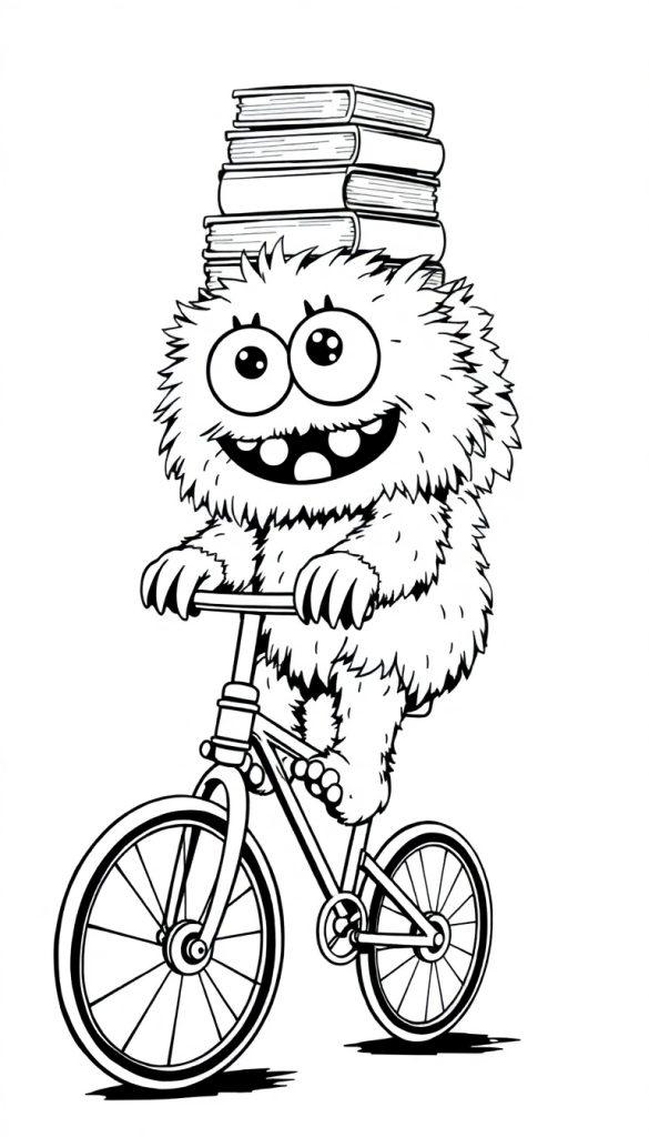 Farbtafel eines süßen, flauschigen Monsters mit Glubschaugen, das auf einem Fahrrad Fahrrad fährt und einen Stapel Bücher auf seinem Kopf balanciert.