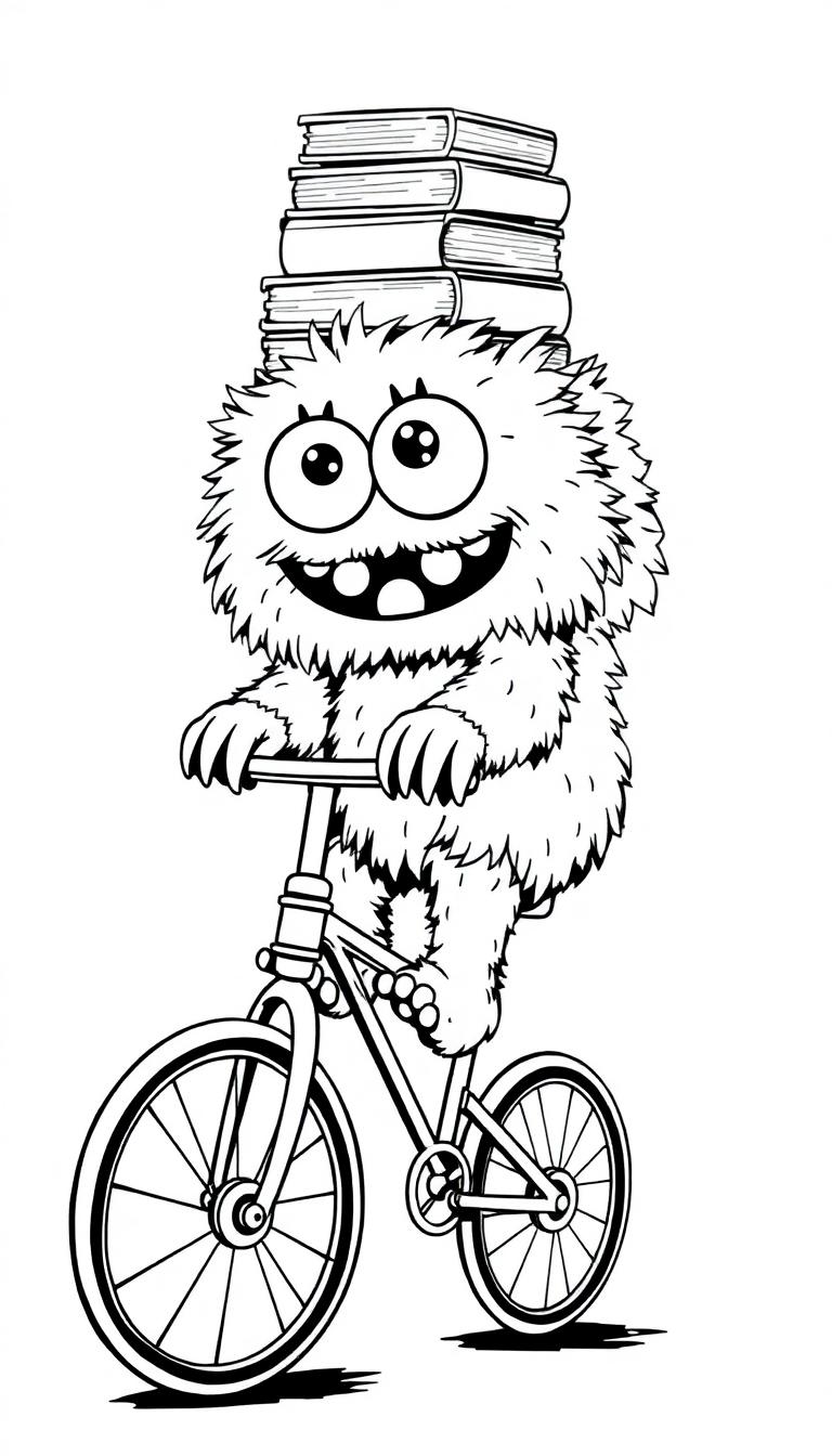 Farbtafel eines süßen, flauschigen Monsters mit Glubschaugen, das auf einem Fahrrad Fahrrad fährt und einen Stapel Bücher auf seinem Kopf balanciert.