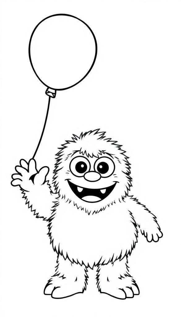 Farbtafel eines süßen flauschigen Monsters mit Glubschaugen, das einen Luftballon hält