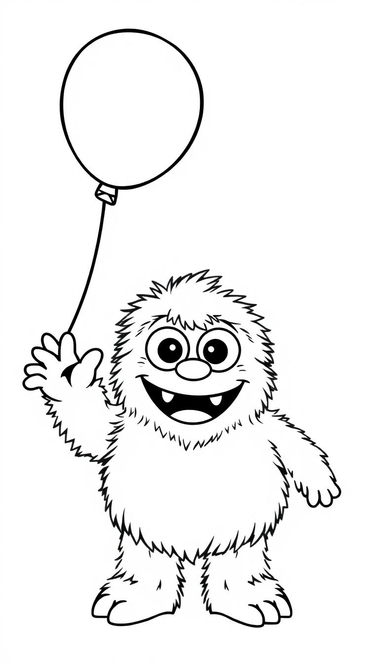 Farbtafel eines süßen flauschigen Monsters mit Glubschaugen, das einen Luftballon hält