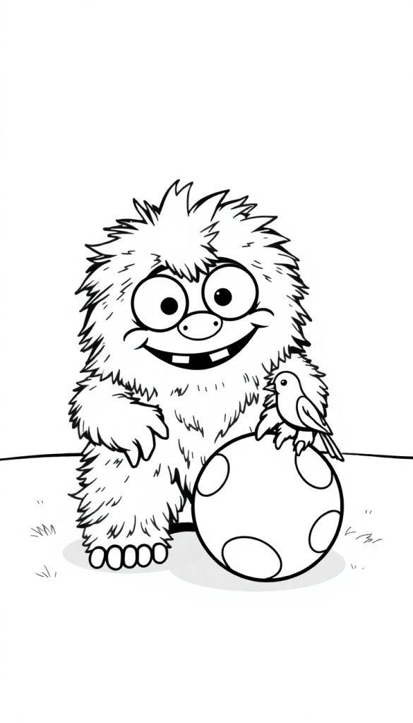 Farbtafel eines niedlichen, cartoonartigen Monster mit großen Glubschaugen, das auf dem Boden sitzt, neben einem gepunkteten Ball mit einem kleinen Vogel darauf. Das Bild ist schwarz-weiß und fröhlich.