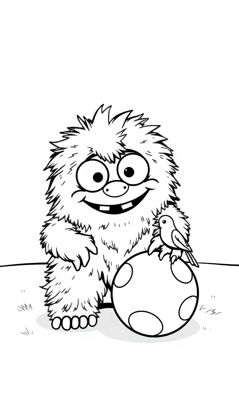 Farbtafel eines niedlichen, cartoonartigen Monster mit großen Glubschaugen, das auf dem Boden sitzt, neben einem gepunkteten Ball mit einem kleinen Vogel darauf. Das Bild ist schwarz-weiß und fröhlich.