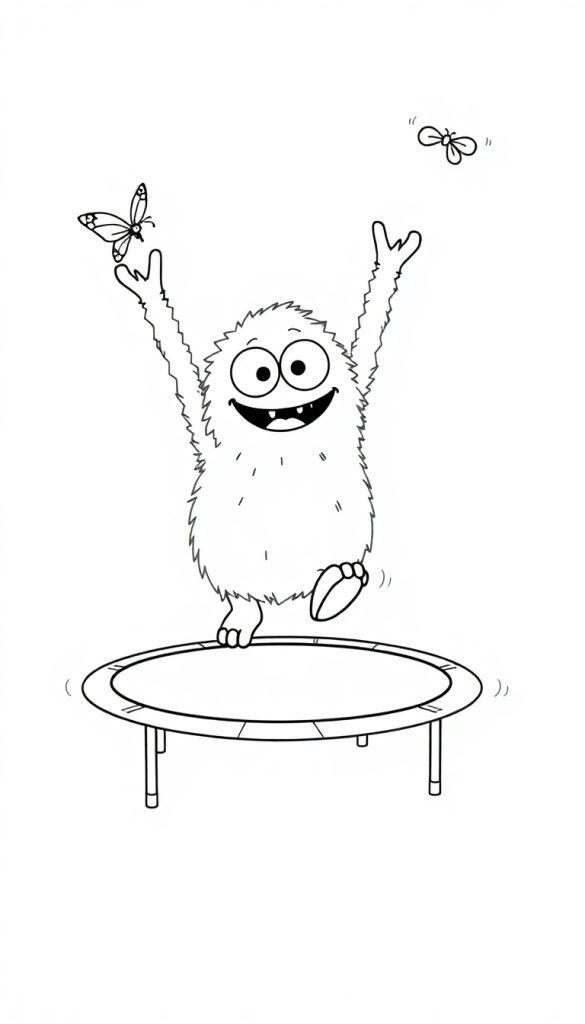 Eine Farbtafel mit einer fröhlichen, pelzigen Kreatur mit großen Glubschaugen, die auf einem Trampolin springt. Um sie herum fliegen ein Schmetterling und ein kleines Insekt. Die Zeichnung ist schwarz-weiß im cartoonartigen Stil.