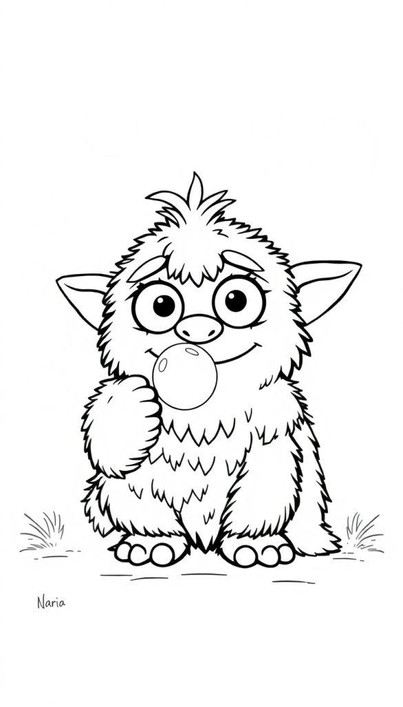 Farbtafelzeichnung eines süßen, pelzigen Monsters mit Glubschaugen, spitzen Ohren und schelmischem Lächeln, das einen kleinen Ball in der Pfote hält und auf dem Gras sitzt.