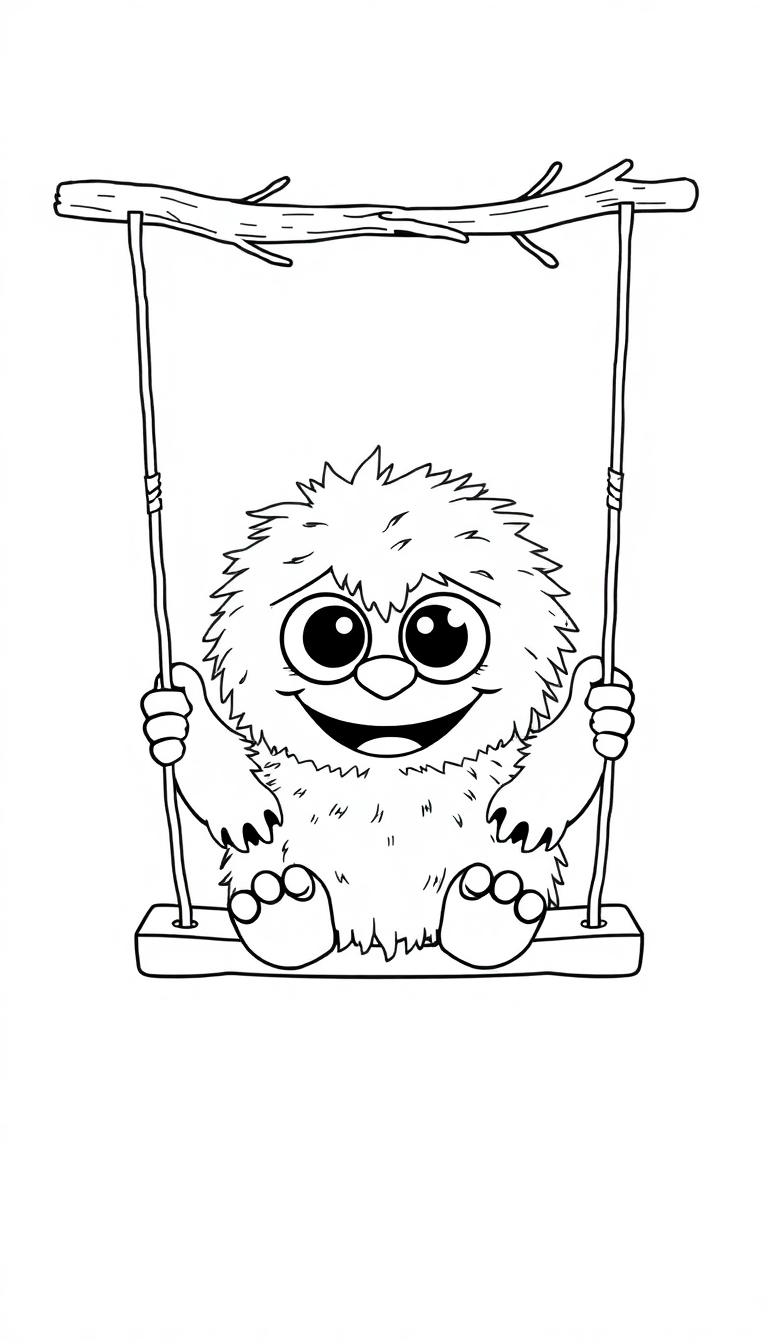 Farbtafel eines niedlichen, pelzigen Monsters mit Glubschaugen, das auf einer Schaukel sitzt.