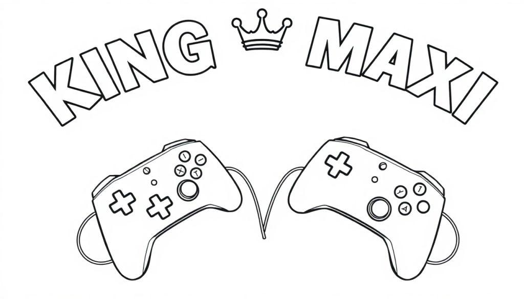 Farbtafel mit dem Logo 'KING MAXI' in gebogener Schrift, einer kleinen Krone zwischen den Worten und zwei Gamecontrollern gegenüberstehend, alles in schwarz-weiß. Das Bild vermittelt einen königlichen und spielerischen Look für Kinder.