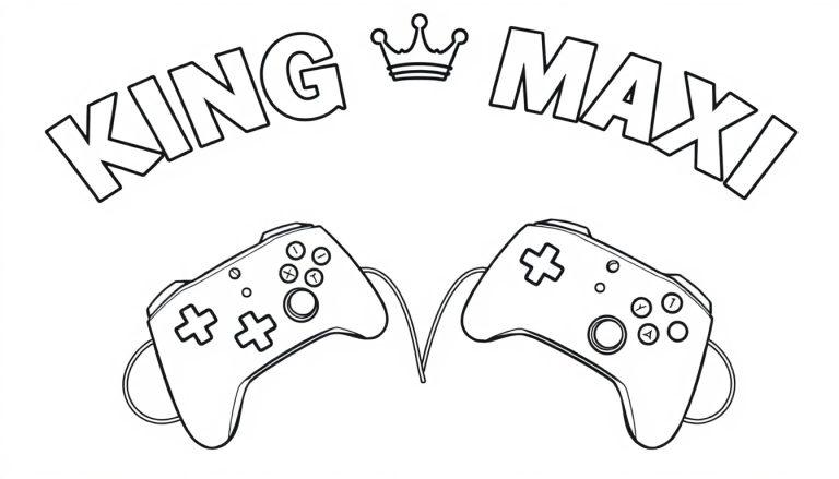 Farbtafel mit dem Logo 'KING MAXI' in gebogener Schrift, einer kleinen Krone zwischen den Worten und zwei Gamecontrollern gegenüberstehend, alles in schwarz-weiß. Das Bild vermittelt einen königlichen und spielerischen Look für Kinder.