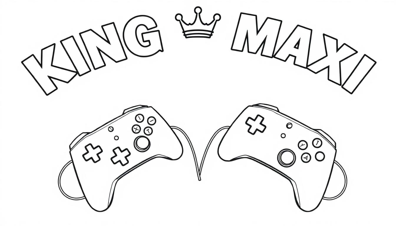 Farbtafel mit dem Logo 'KING MAXI' in gebogener Schrift, einer kleinen Krone zwischen den Worten und zwei Gamecontrollern gegenüberstehend, alles in schwarz-weiß. Das Bild vermittelt einen königlichen und spielerischen Look für Kinder.