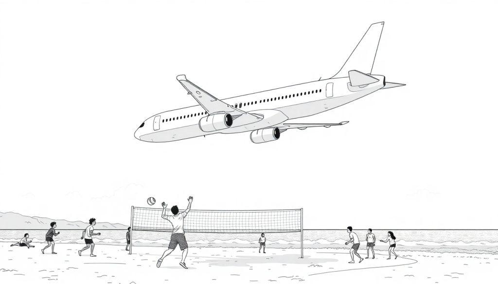 Farbtafel-Zeichnung eines Strands, mit Menschen, die Volley spielen, ein Flugzeug fliegt nah über ihnen, im Hintergrund Berge und das Meer.