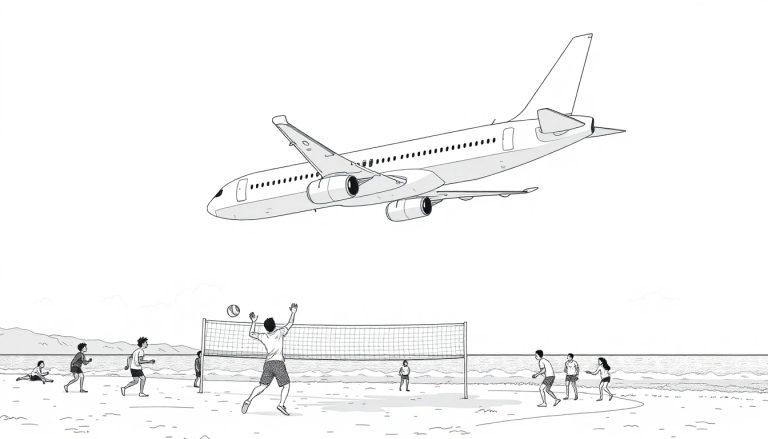 Farbtafel-Zeichnung eines Strands, mit Menschen, die Volley spielen, ein Flugzeug fliegt nah über ihnen, im Hintergrund Berge und das Meer.