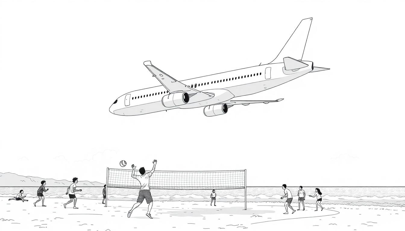 Farbtafel-Zeichnung eines Strands, mit Menschen, die Volley spielen, ein Flugzeug fliegt nah über ihnen, im Hintergrund Berge und das Meer.