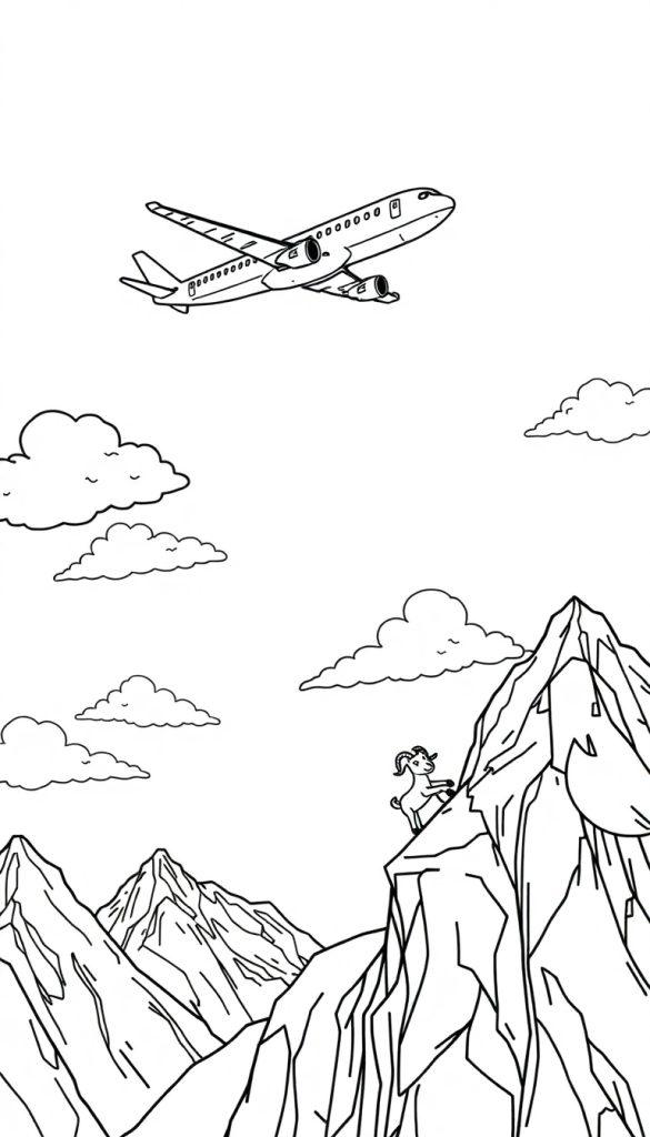 Farbtafel eines Flugzeugs, das über einer felsigen Gebirgslandschaft fliegt, mit einer Bergziege auf einem Gipfel und Wolken am Himmel, alles in einem einfachen schwarz-weißen Stil.
