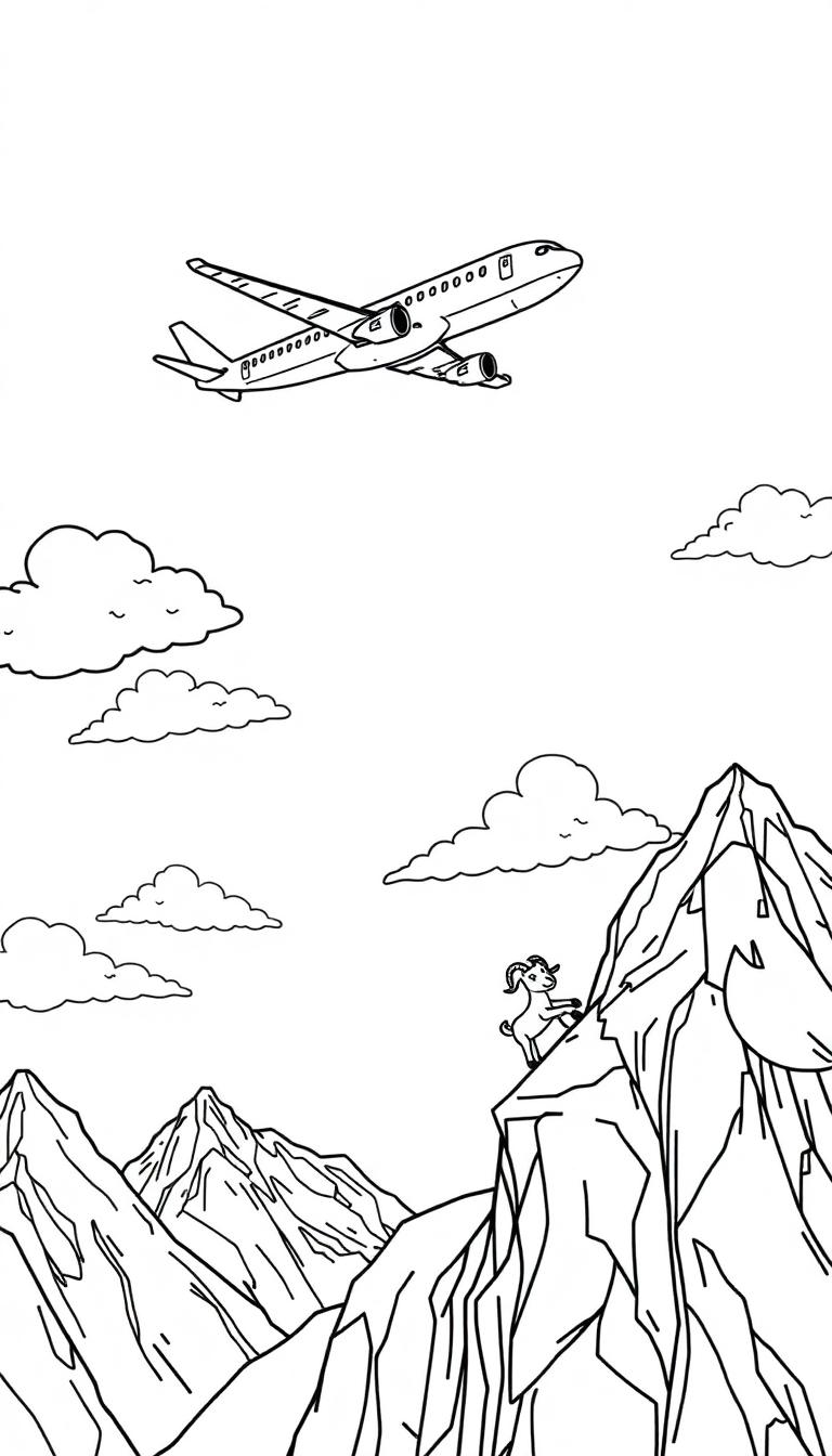 Farbtafel eines Flugzeugs, das über einer felsigen Gebirgslandschaft fliegt, mit einer Bergziege auf einem Gipfel und Wolken am Himmel, alles in einem einfachen schwarz-weißen Stil.