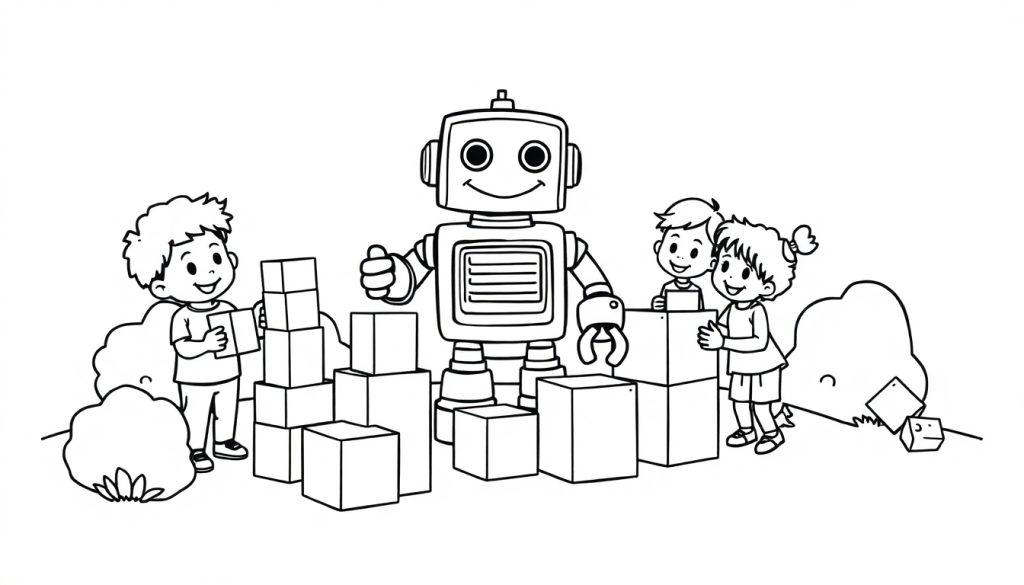 Eine Schwarz-Weiß-Farbtafel, die einen freundlichen Roboter zeigt, wie er Kindern beim Bauen mit Würfeln hilft, umgeben von Büschen.