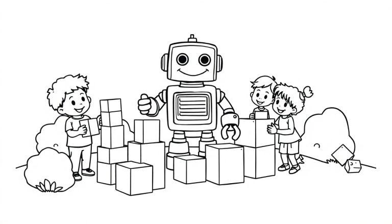 Eine Schwarz-Weiß-Farbtafel, die einen freundlichen Roboter zeigt, wie er Kindern beim Bauen mit Würfeln hilft, umgeben von Büschen.