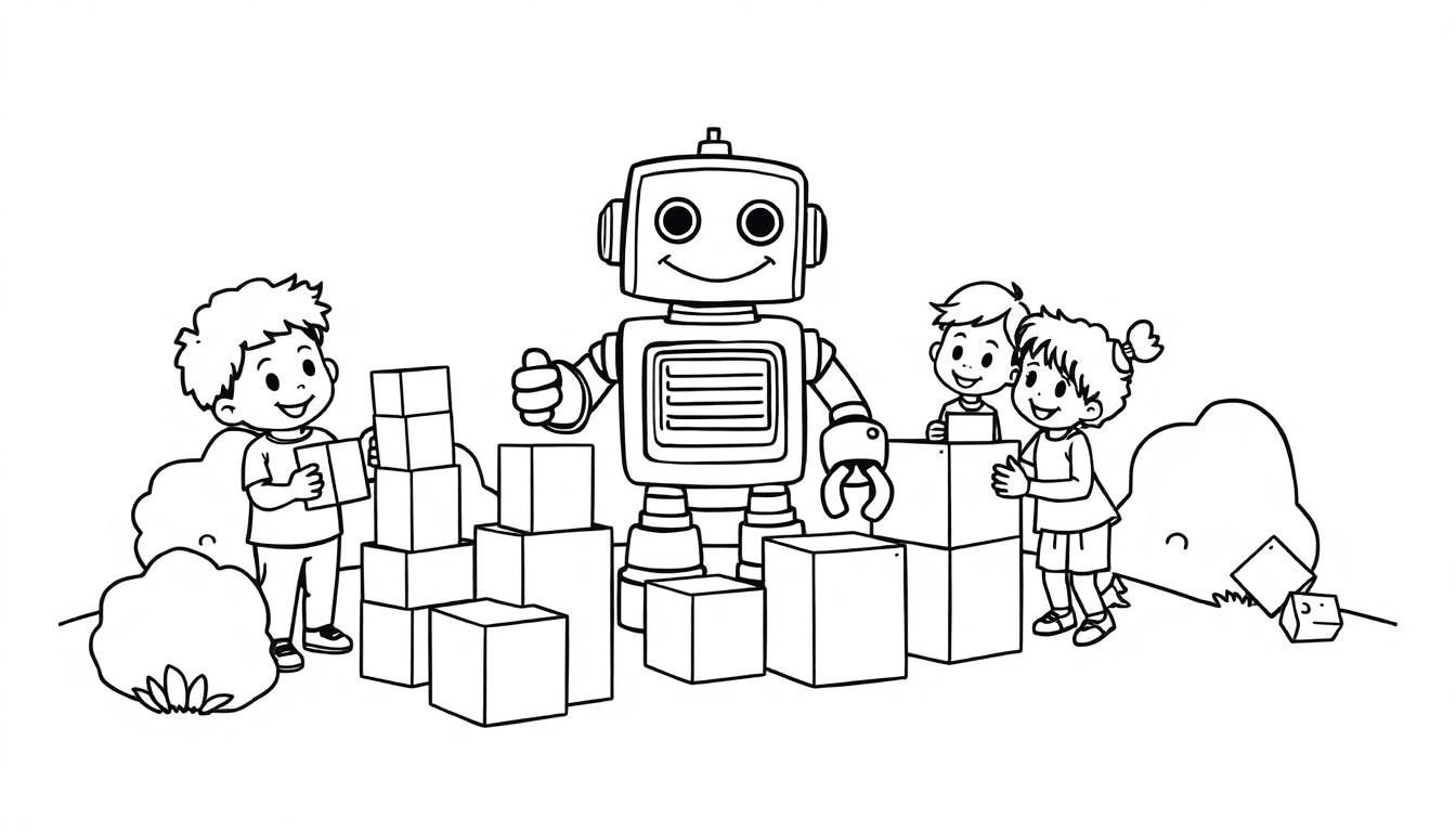 Eine Schwarz-Weiß-Farbtafel, die einen freundlichen Roboter zeigt, wie er Kindern beim Bauen mit Würfeln hilft, umgeben von Büschen.