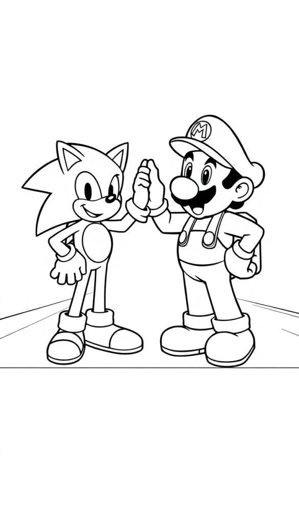 Eine Farbtafel-Zeichnung von Sonic the Hedgehog und Mario, die sich abklatschen.