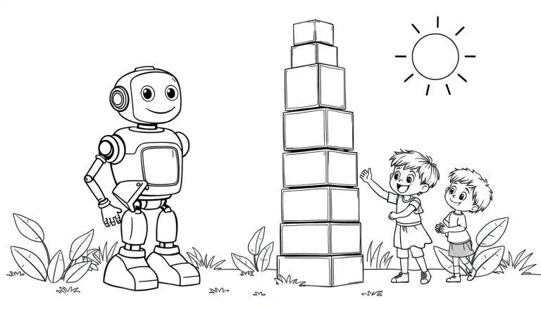 Eine Schwarz-Weiß-Farbtafel: Ein freundlicher Roboter beobachtet zwei Kinder, die im Freien einen Turm aus Kisten bauen, mit einer stilisierten Sonne am Himmel.