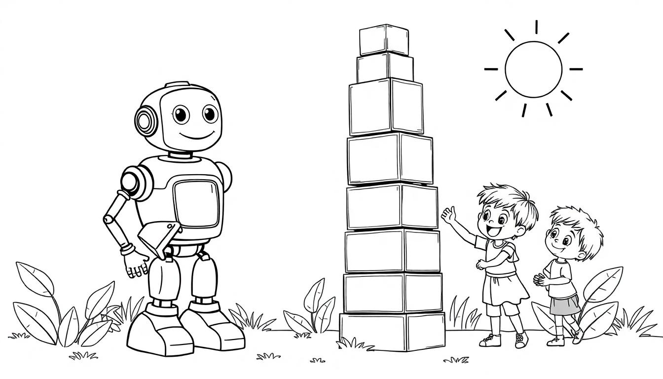 Eine Schwarz-Weiß-Farbtafel: Ein freundlicher Roboter beobachtet zwei Kinder, die im Freien einen Turm aus Kisten bauen, mit einer stilisierten Sonne am Himmel.