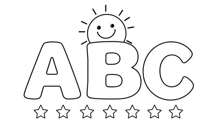 Schwarz-weiße Farbtafel mit den Buchstaben ABC und einem lächelnden Sonnenkopf auf B, umgeben von Sternen.