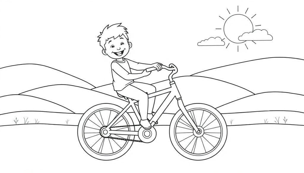 Schwarz-weiß Cartoon-Farbtafel eines glücklichen Jungen auf einem Fahrrad vor einer hügeligen Landschaft mit Sonne und Wolken.