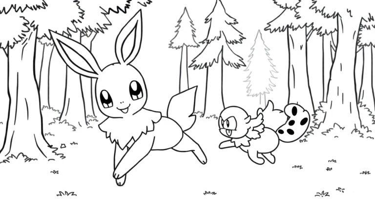 Eevee und ein Flug-Pokémon rennen durch einen Wald.