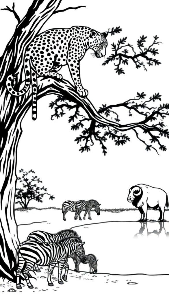 Schwarz-Weiß-Farbtafel einer Savanne mit einem Leopard im Baum und Zebras am Wasser.
