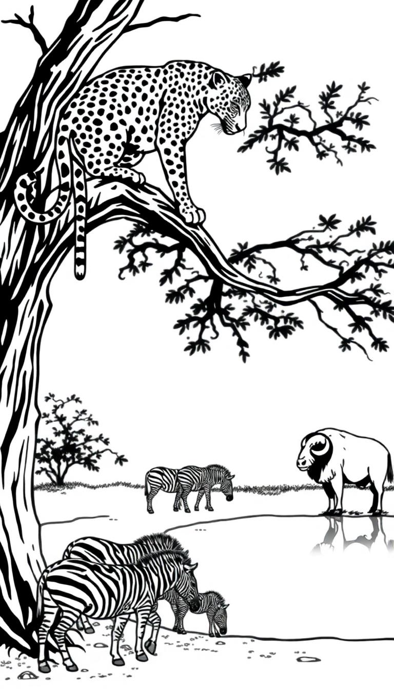 Schwarz-Weiß-Farbtafel einer Savanne mit einem Leopard im Baum und Zebras am Wasser.
