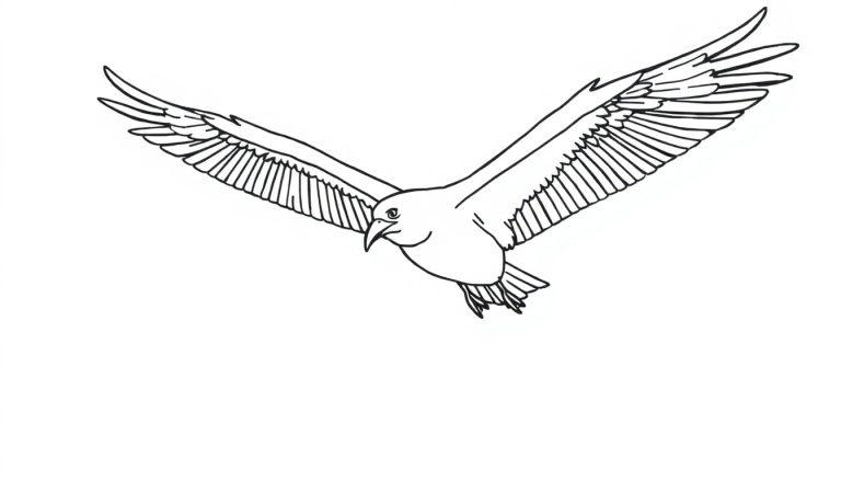 Linienzeichnung eines Albatros mit ausgebreiteten Flügeln im Flug.