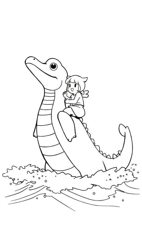 Ein stilisiertes schwarz-weißes Bild eines großen Alligators mit einem kleinen Cartoon-Jungen auf dem Rücken, der in Wasser steht.
