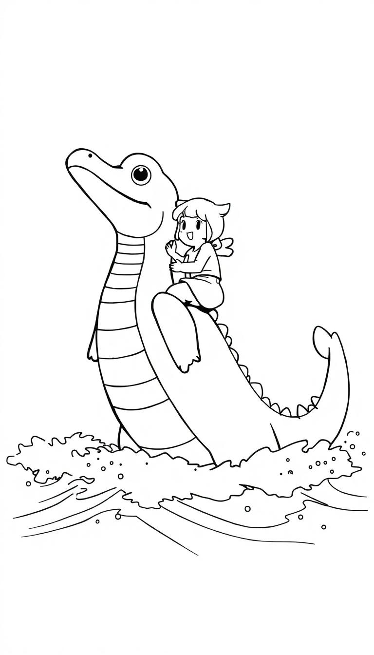 Ein stilisiertes schwarz-weißes Bild eines großen Alligators mit einem kleinen Cartoon-Jungen auf dem Rücken, der in Wasser steht.