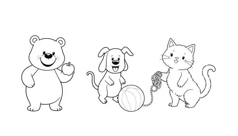 Schwarz-weiße Farbtafel-Vorlage: Ein Bär hält einen Apfel, ein Hund mit herausgestreckter Zunge neben einem Ball und eine Katze mit einem Seil sind abgebildet.