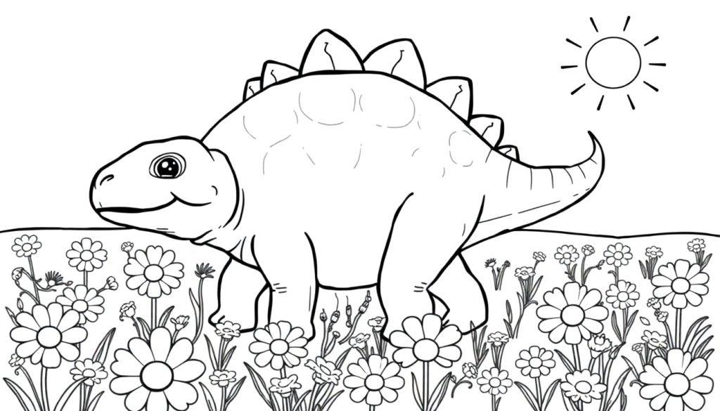 Eine Schwarz-Weiß-Farbtafel eines freundlichen Ankylosaurus in einer Blumenwiese unter der Sonne.