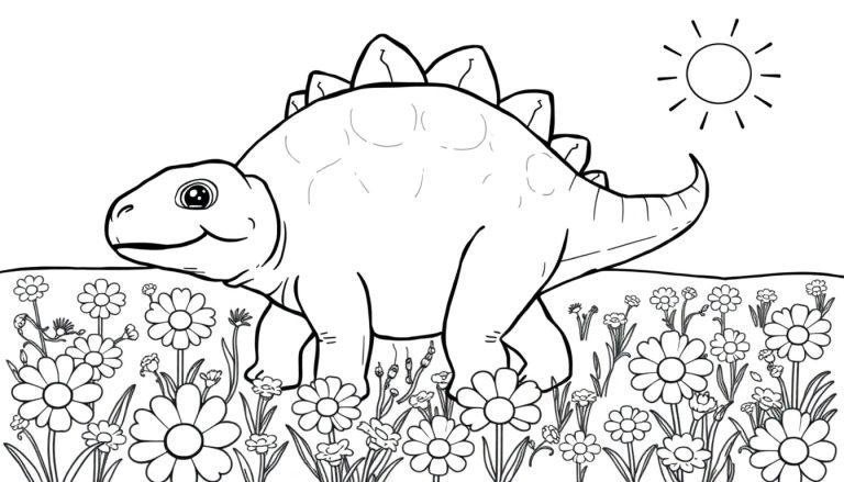Eine Schwarz-Weiß-Farbtafel eines freundlichen Ankylosaurus in einer Blumenwiese unter der Sonne.