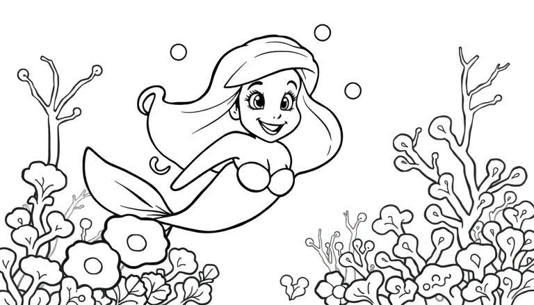 Schwarz-weiß-Farbtafel einer Meerjungfrau namens Arielle, die unter Wasser schwimmt.