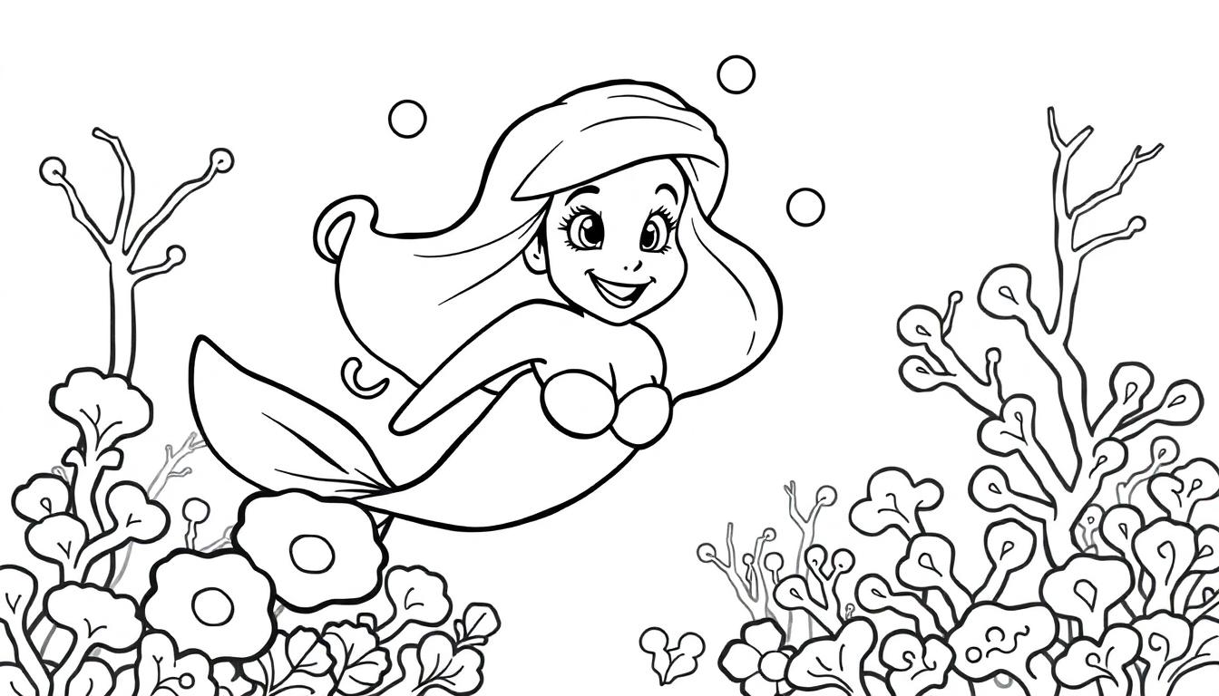 Schwarz-weiß-Farbtafel einer Meerjungfrau namens Arielle, die unter Wasser schwimmt.