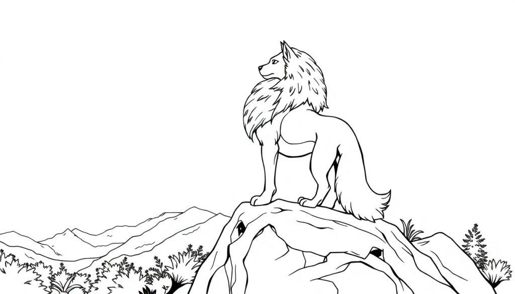 Ein schwarz-weißer Wolf steht majestätisch auf einem Felsvorsprung in den Bergen.