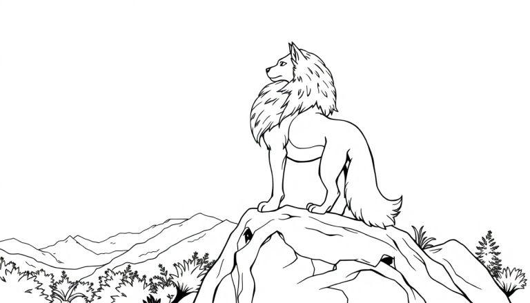 Ein schwarz-weißer Wolf steht majestätisch auf einem Felsvorsprung in den Bergen.