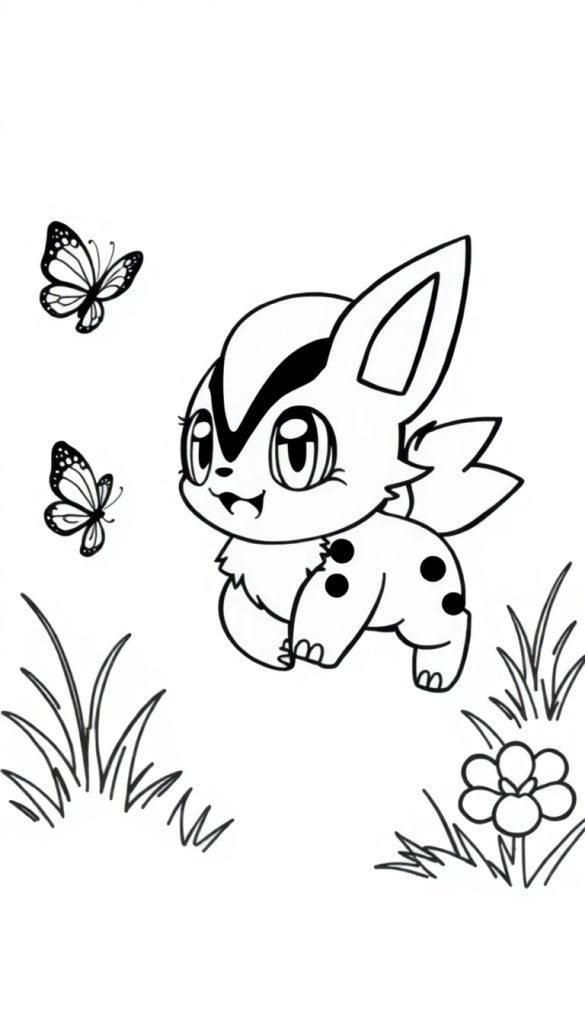 Eine süße Cartoon-Zeichnung eines hunde-katzenartigen Wesens mit großen Augen und floralen Elementen