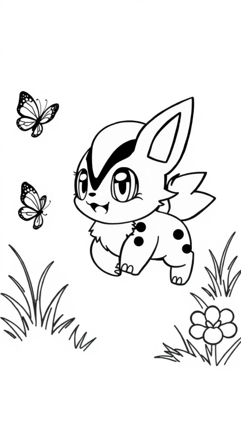 Eine süße Cartoon-Zeichnung eines hunde-katzenartigen Wesens mit großen Augen und floralen Elementen