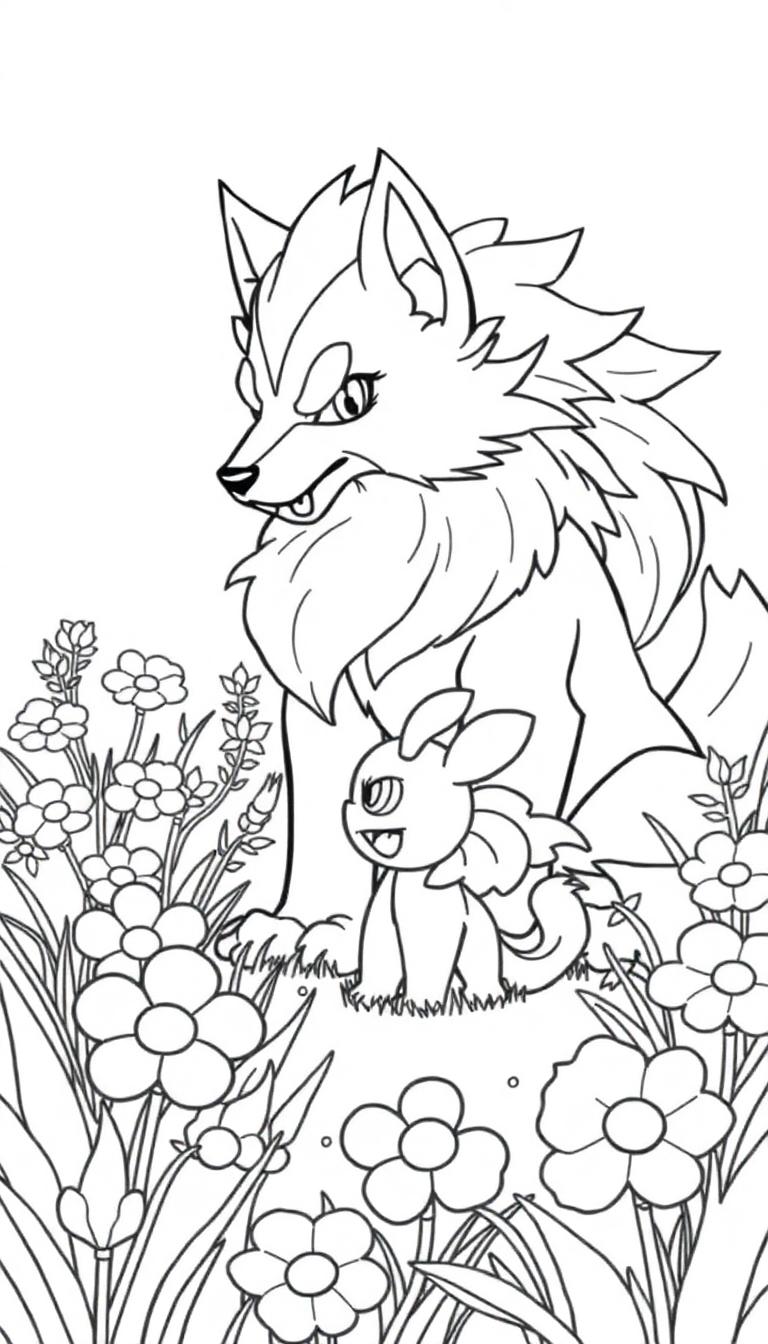 Schwarz-weiße Zeichnung eines großen, wolfähnlichen Pokémon namens Arkani und eines kleineren Hasen-Pokémon vor einem Feld mit Blumen.